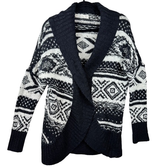 Abercrombie Fitch Cardigan Sweater One Size Black White Fair Isle Shawl Collar - Picture 6 of 11